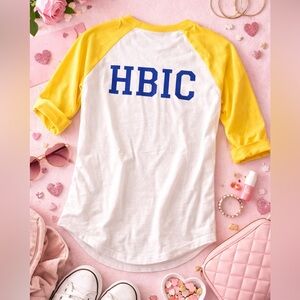 HBIC Graphic Raglan Tee Yellow White Baseball Shirt 3/4 Sleeve New Large